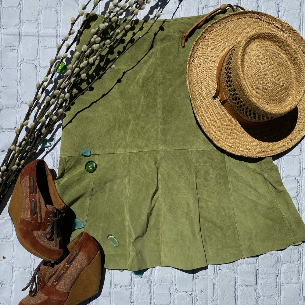 Alfini Genuine Leather Aline Skirt In Apple Green